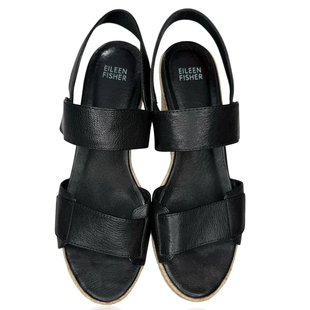 NEW Eileen Fisher 8.5 Winnie Tumbled Black Leather Espadrille Wedge‎ Sandals
